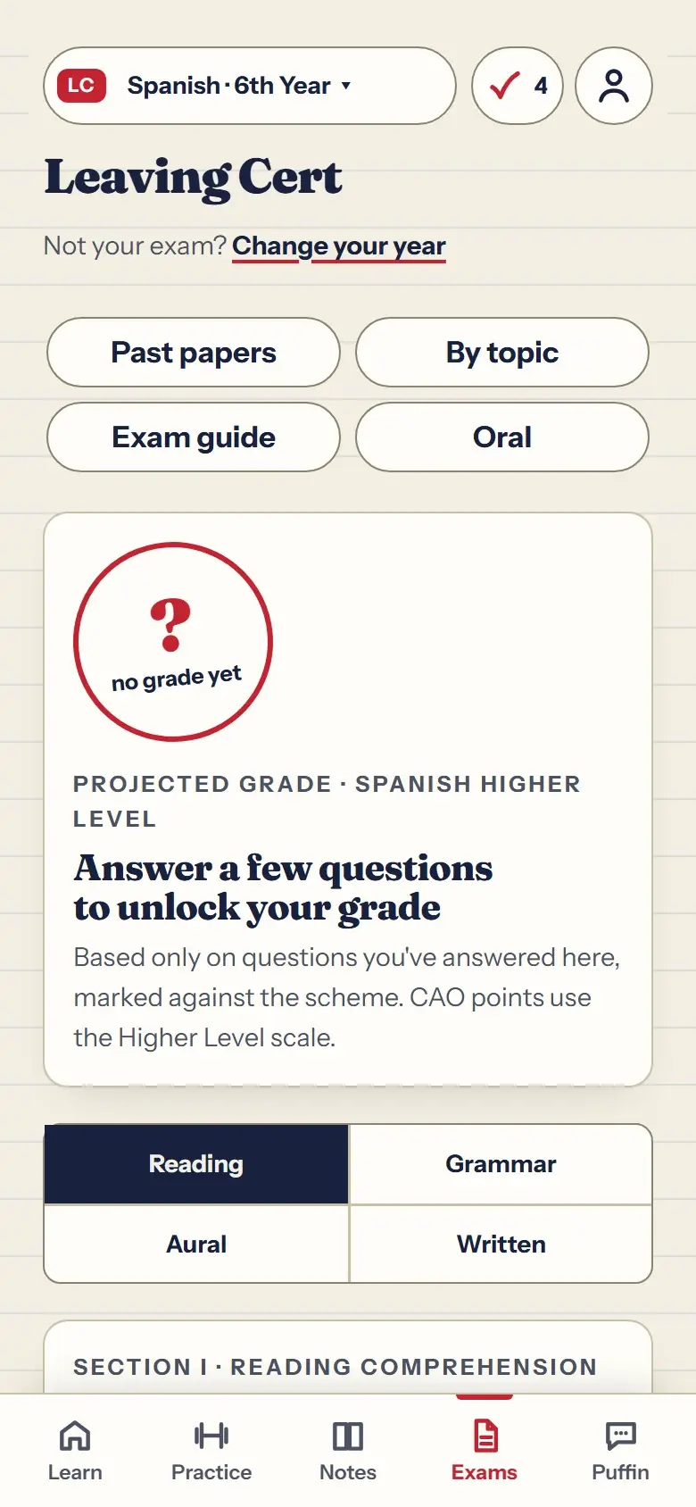 The Exams screen in H1 Lingo, with past papers, questions by topic, the exam guide and the oral